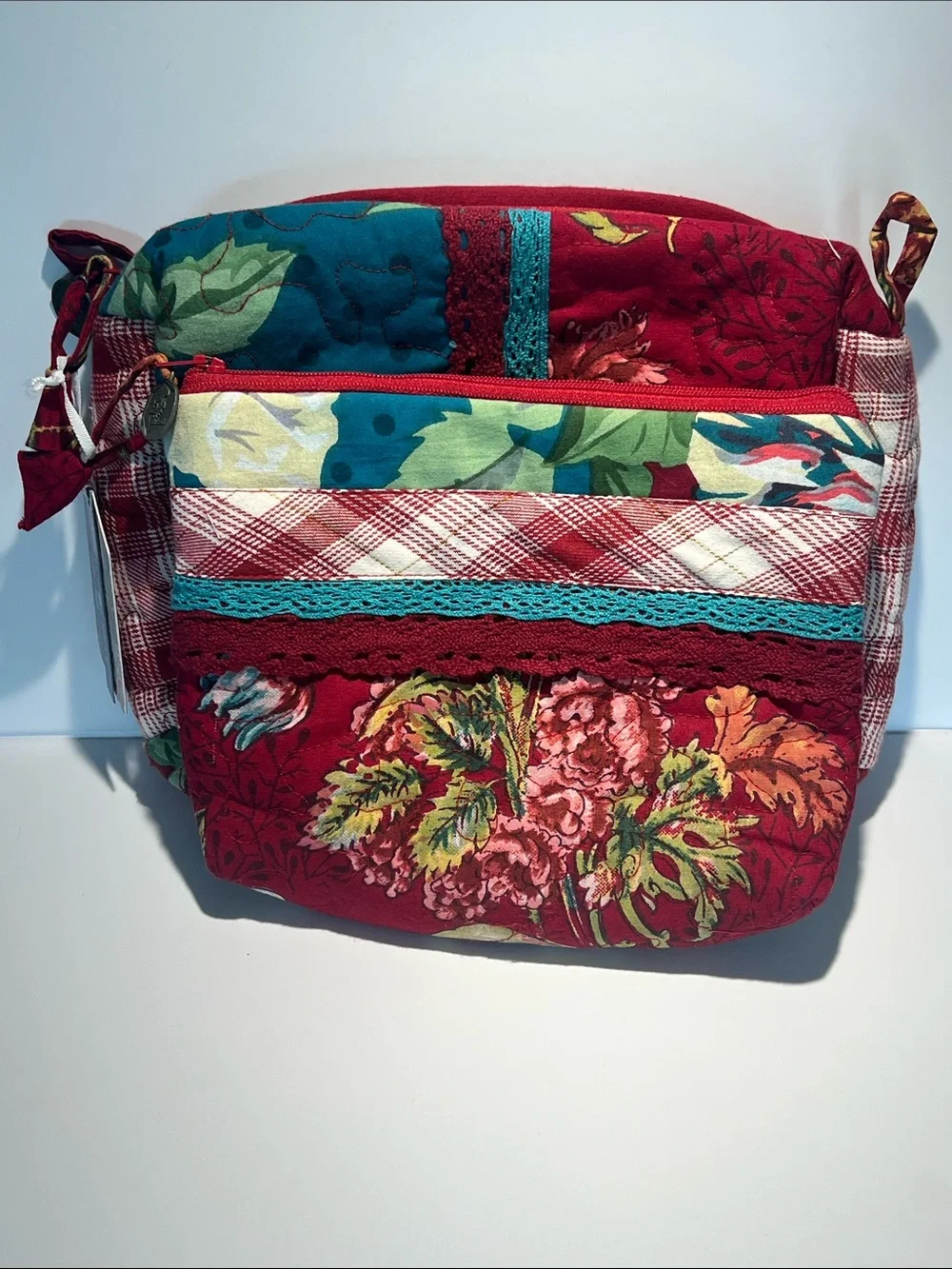 April Cornell Red Floral Quilted Cosmetic Crossbody with Teal Accents